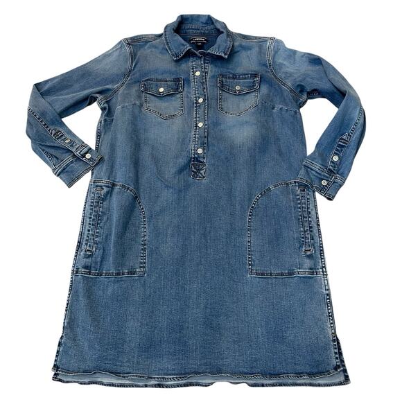 Lands End Denim Dress 14 Petite Long Sleeve Snap Preppy Classic Knee Length Blue - Picture 1 of 8